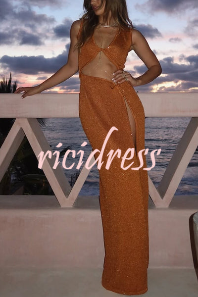 Beautiful Figure Shiny Knit Fabric Cutout Side Slit Stretch Vacation Maxi Dress