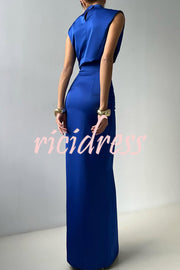 Solid Color Casual Sleeveless Crop Top and Elegant Button-down Maxi Skirt Set