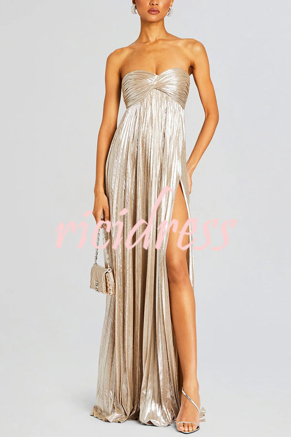 Metallic Sexy Tube Top Pleated High Slit Maxi Dress