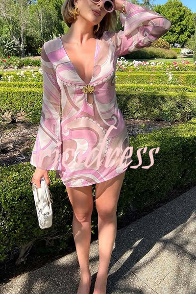 Tinslie Unique Print Metal Flower Cutout Long Sleeve Loose Mini Dress