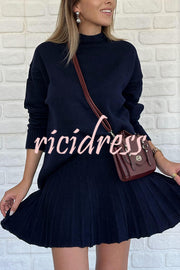 Solid Color Casual Preppy Knit Top and Knit Stretch Pleated Mini Skirt Set