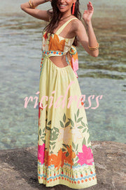 Resort Style Unique Print Sexy Square Neck Backless Waist Maxi Dress