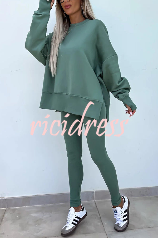 Solid Color Loose Long Sleeve SlitSweatshirt and Elastic Waist Tight Pants Set