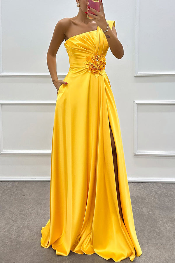 Nasha Satin Pleated One Shoulder Petal Gemstone Detail Pocket Slit Maxi Dress