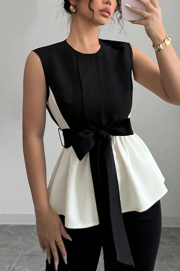 Fashionable Contrasting Color Waist Bow Ribbon Casual Top