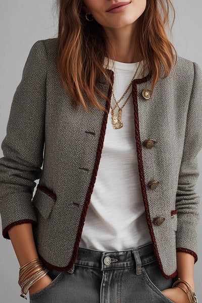 Elegant Round Neck Long-sleeved Button Casual Jacket