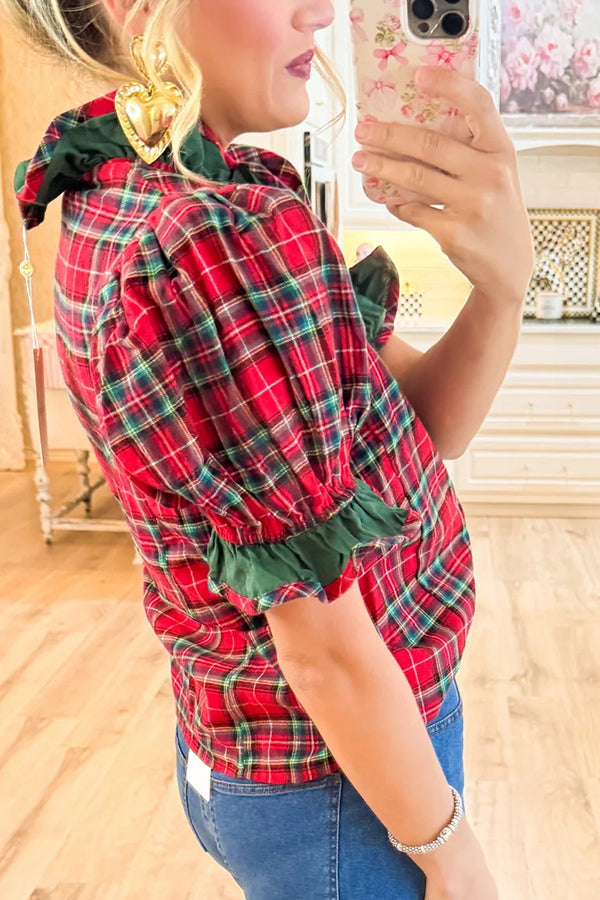 Plaid Print Ruffled Puff Sleeve Casual Shirt