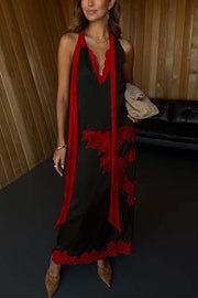 Sunday Social Contrast Color Satin Lace Trim Mid Rise Maxi Skirt