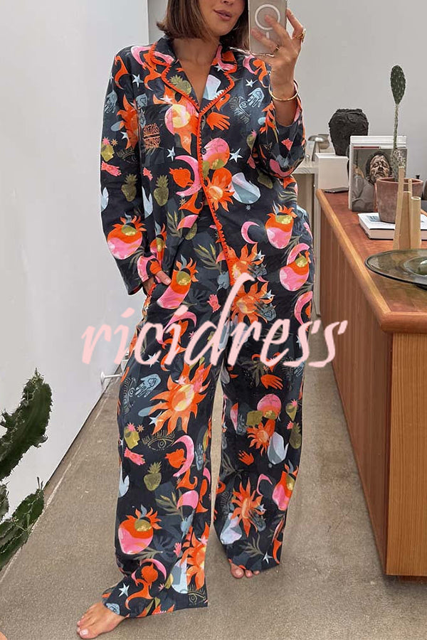 Evening Routine Unique Print Color-block Trim Loose Shirt and Elastic Waist Pocketed Pajama Set