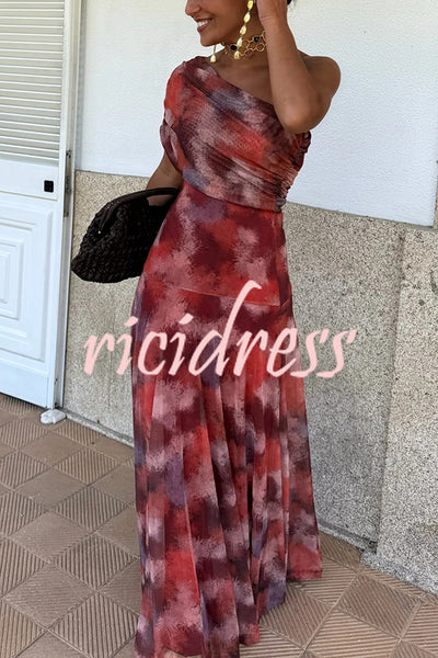 Unique Printed Off-the-shoulder Waisted Holiday Maxi Dress