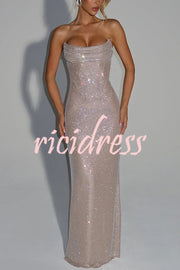 Mirabella Sequin Pleated Cowl Scooped Neckline Back Lace-up Strapless Maxi Dress