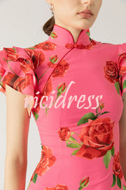 Cheongsam Style Rose Floral Print Tiered Flare Sleeve Stretch Maxi Dress