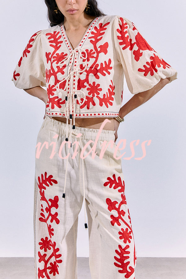 Till Sunset Linen Blend Unique Print Lace-up Puff Sleeve Shirt