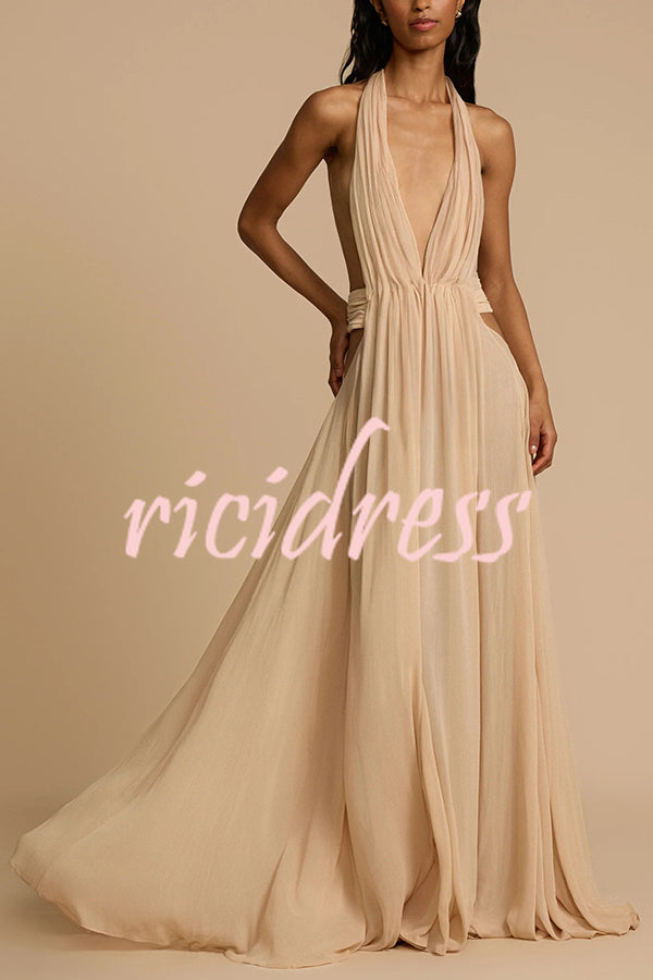 Ethereal Moment Tulle Cutout Ruched Waist Backless Halter Maxi Dress