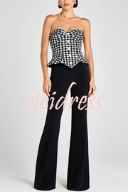 Maya Check Bouclé-tweed Fabric Sweetheart Neck Gold Button Strapless Tank
