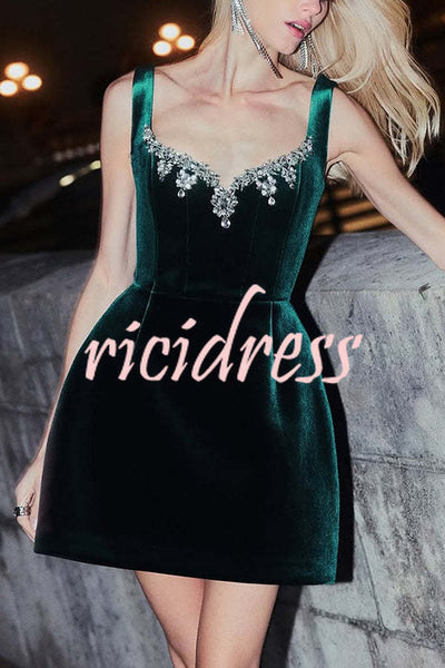 Blair Luxurious Velvet Jewel-encrusted Sweetheart Neck Pocket Tulip Stretch Mini Dress