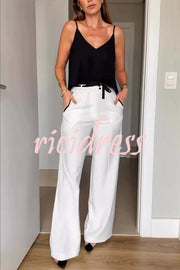 Full of Chic Colorblock Trim Lace-up Waist Pocketed Wide Leg Pants