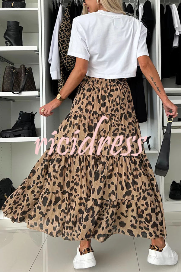 Unique and Comfortable Leopard Print Elastic Waist A-line Layered Maxi Skirt