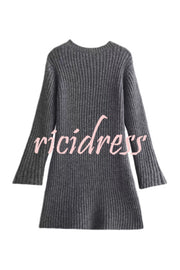 Beautiful Basic Ribbed Knit Long Slit Sleeve Flare Stretch Dress