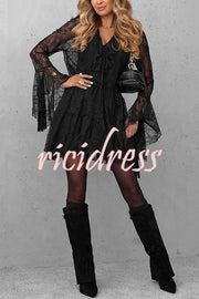 Feeling Lighthearted Lace Ruffle Neck Bell Sleeve Layered Hem A-line Mini Dress