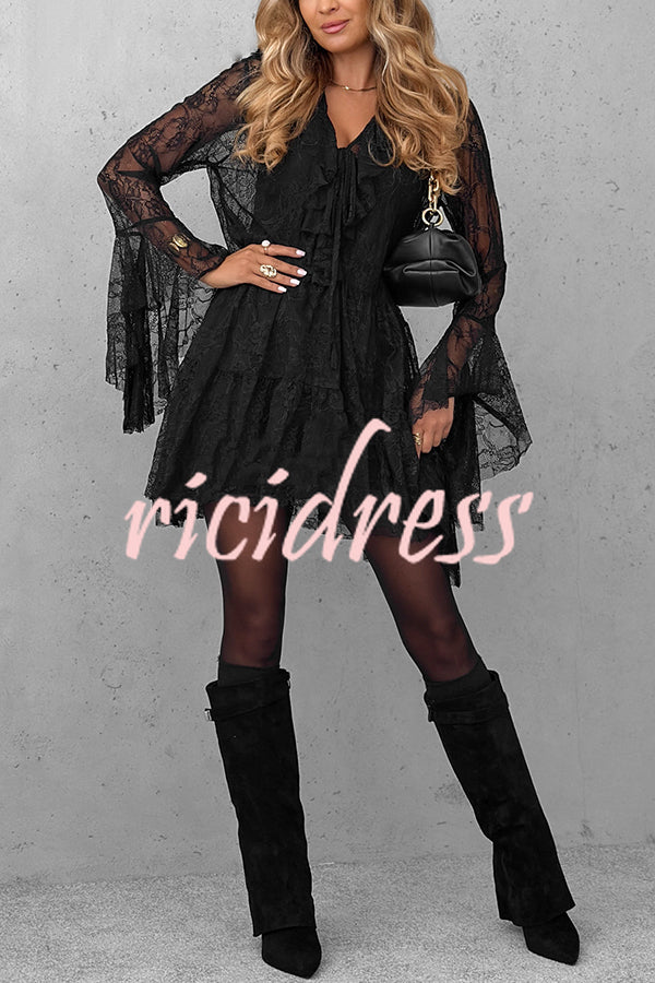 Feeling Lighthearted Lace Ruffle Neck Bell Sleeve Layered Hem A-line Mini Dress