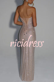 Mirabella Sequin Pleated Cowl Scooped Neckline Back Lace-up Strapless Maxi Dress