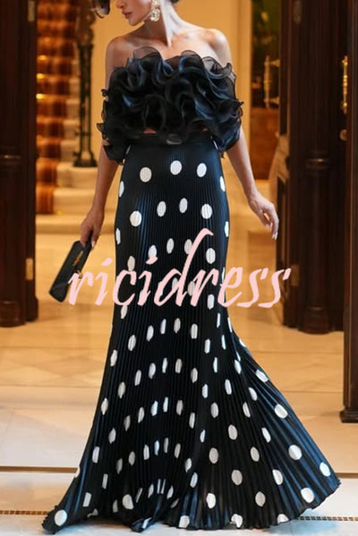Eye-catching Satin Pleated Poka Dot Print High Rise Drape Maxi Skirt