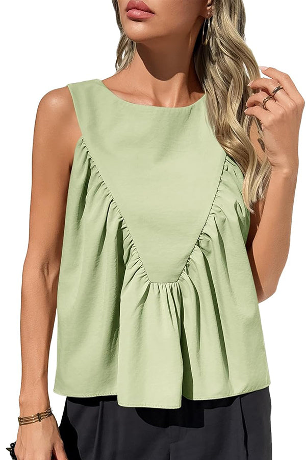 Solid Color Round Neck Sleeveless Pleated Loose Vest