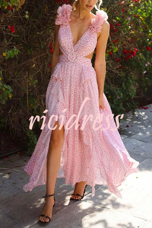 Wedding Dreams Chiffon Printed Flutter Sleeve Cutout Back Lace-up Maxi Dress