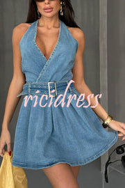 Fashionable Halterneck Open-back Belted Denim Mini Dress