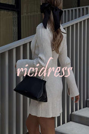 Beautiful Basic Ribbed Knit Long Slit Sleeve Flare Stretch Dress