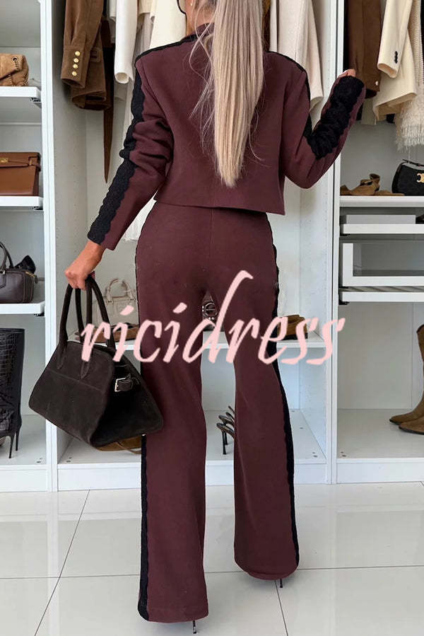 Fashion Lace Panel Long-sleeved Crop Top and Elastic Waist Tie Pocket Casual Pants Set