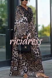 Rayna Lace Mixed Leopard Print Balloon Sleeve A-line Maxi Dress