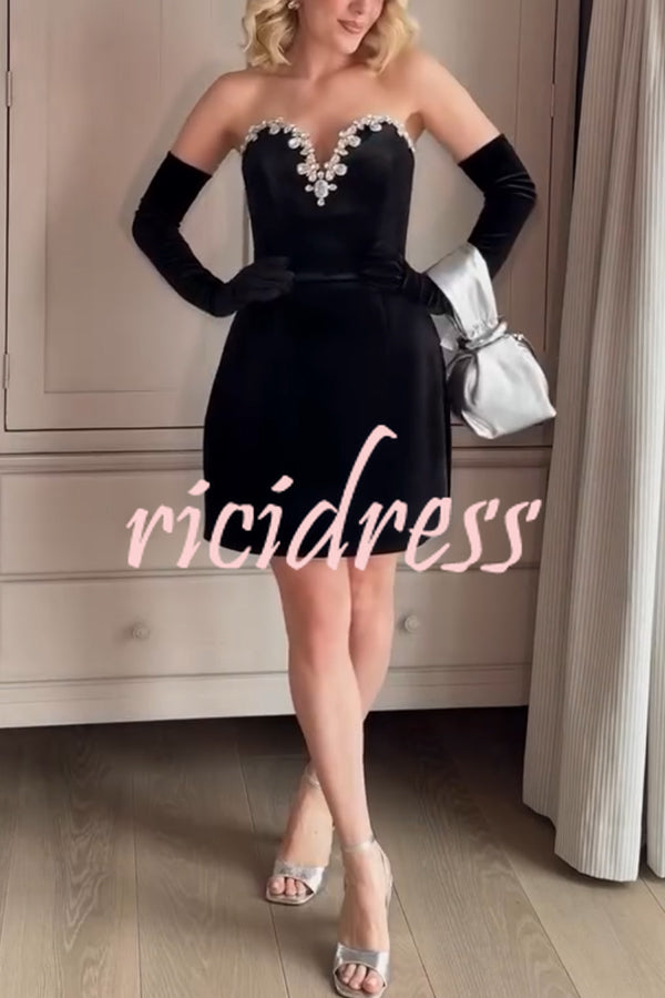 Ines Luxurious Velvet Jewel-encrusted Sweetheart Off Shoulder Neck Tulip Stretch Mini Dress