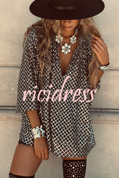All about Glam Collar Sequin V-neck Half Sleeve Loose Top