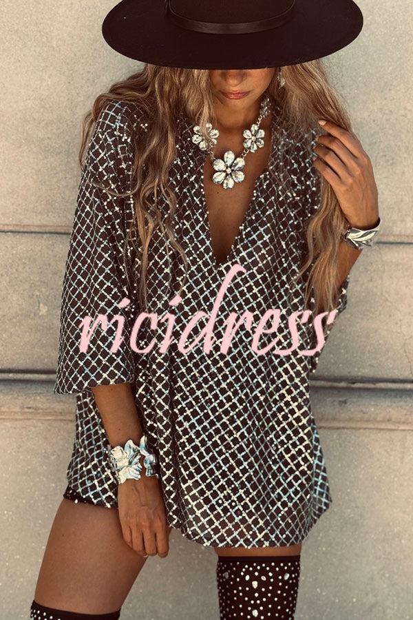 All about Glam Collar Sequin V-neck Half Sleeve Loose Top