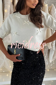 Light The Night Knit Satin Bow Detail Short Puff Sleeve Sweater