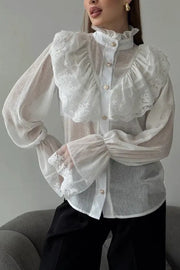 French Chiffon Ruffled Stand Collar Casual Shirt