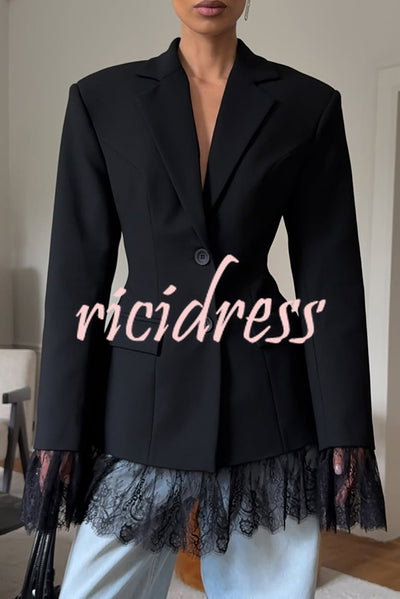 Solid Color Lace Panel Long Sleeve Button Elegant Blazer