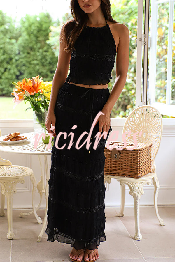 Feel Chic and Romantic Sequin Textured Material Drawstring Waist Tiered Maxi Skirt