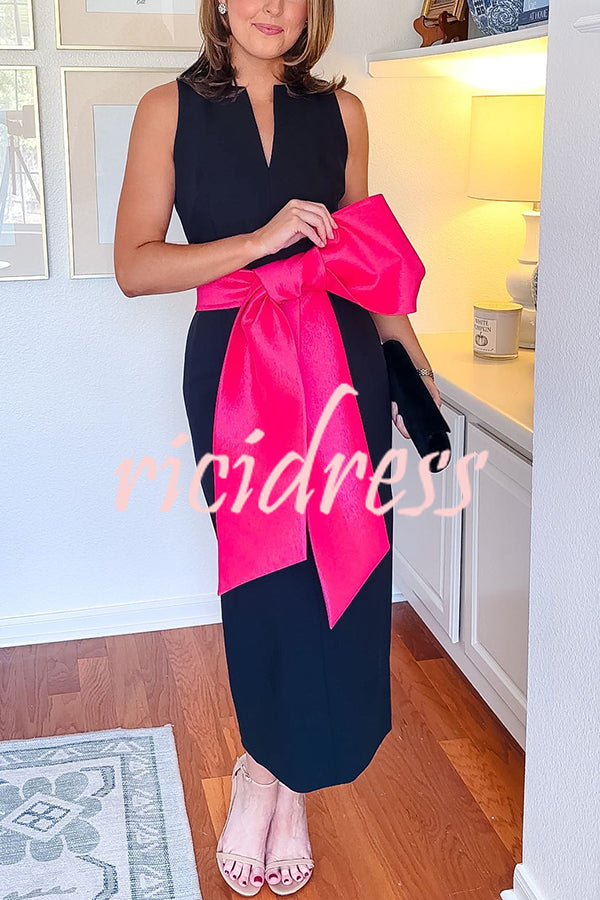 Clean Tailored Taffeta Contrast Oversized Bow Tie Waist Midi Dress