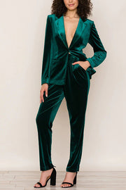 Solid Color Velvet Long-sleeve Blazer and Elastic Waist Pocket Pants Set