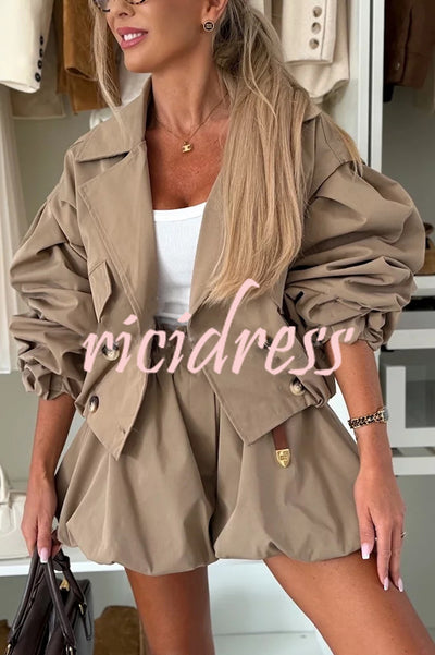 Fashion Style Button Long Balloon Sleeve Pocket Lapel Casual Bomber Jacket