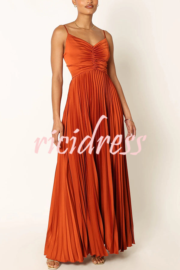 Catch The Light Satin Pleated V-neck Slip Maxi Dress