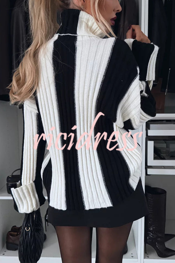 Comfort and Warmth Knit Color Block Long Sleeve Turtleneck Sweater