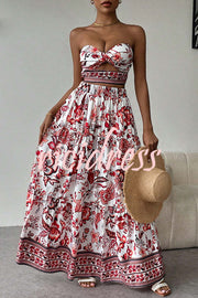 Floral Print Cutout Bandeau Top and Elastic Waist Full Maxi Skirt Set