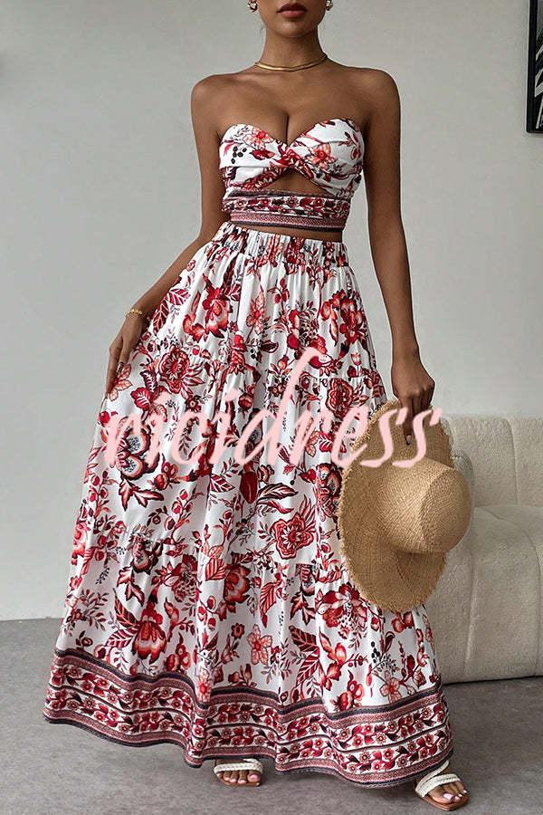 Floral Print Cutout Bandeau Top and Elastic Waist Full Maxi Skirt Set