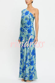 Satin Botanical Print One-Sleeve Resort Maxi Dress