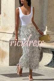 Evening Charm Layered Sequined Tassels High Rise Back Zipper Slit Midi Skirt
