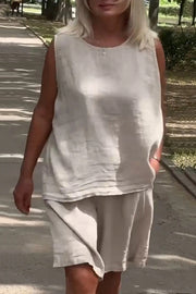 Linen Blend Solid Sleeveless Crewneck Top and Loose Pocket Shorts Set